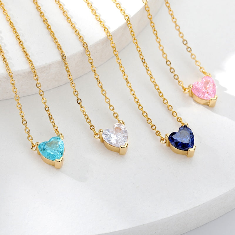 Crystal Heart Pendant Necklace - Gold & Platinum Stainless Steel