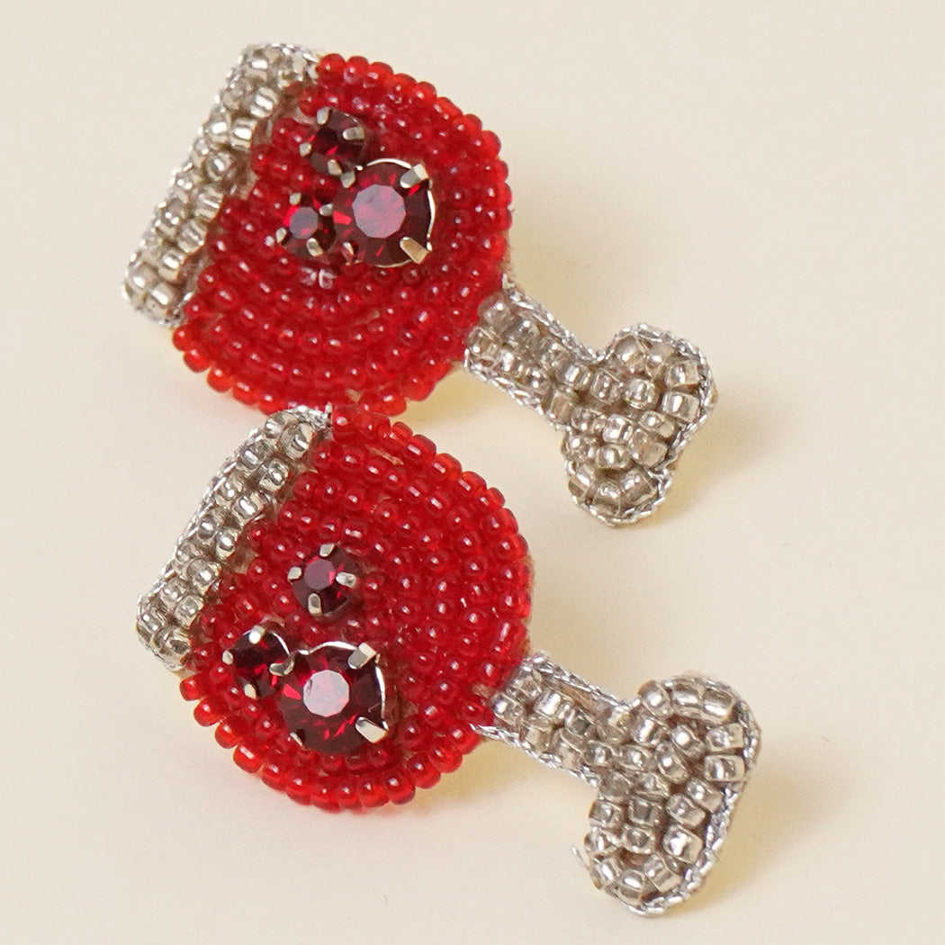 Red Wine Glass Beaded Earrings