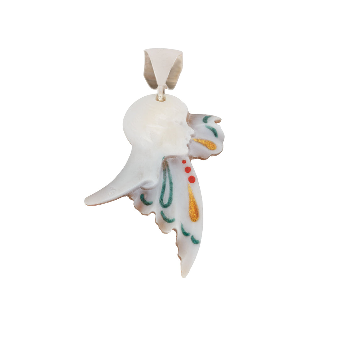 Enamel Carved Cameo Natural Shell Deco Style Sterling Silver Pendant