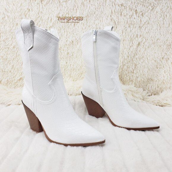 Slayer White Cowgirl Cowboy Ankle Boots with Western Block Heels