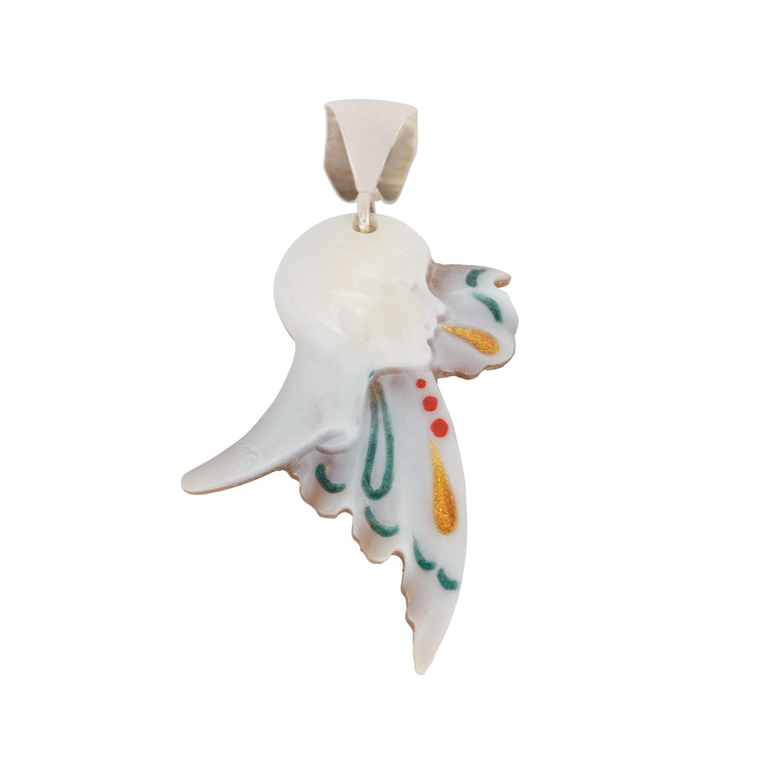 Enamel Carved Cameo Natural Shell Deco Style Sterling Silver Pendant