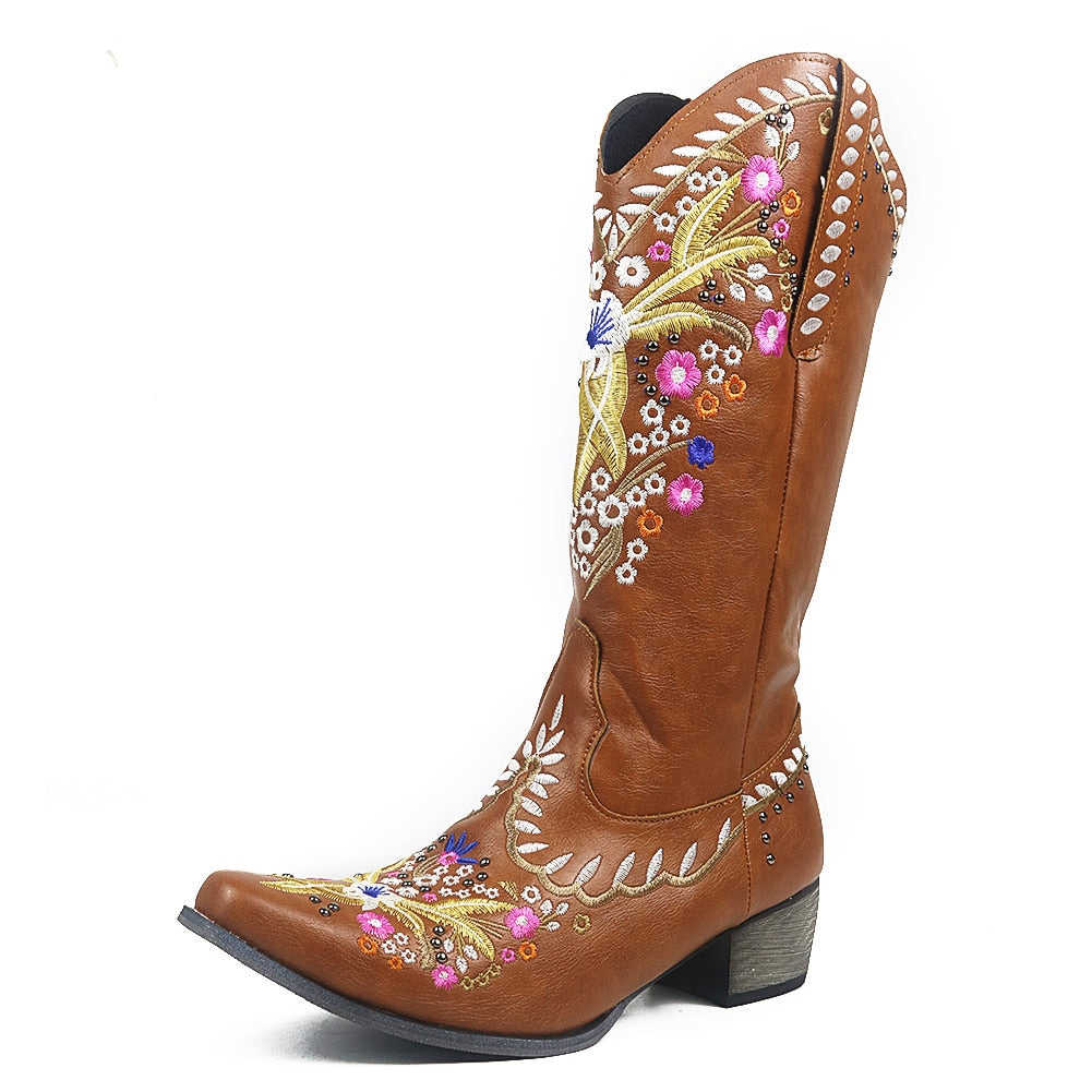 Embroidery Sewing Floral Western Cowboy Boots For Women - Retro Vintage Mid-calf Cowgirl Shoes