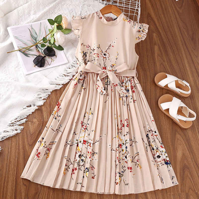 Kids Floral Print Dress for Girls - 2023 Summer Sleeveless A-line Dress with Belt