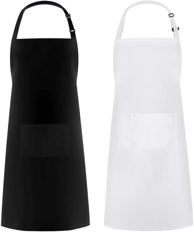 2 Pack Adjustable Bib Apron - Thicker Waterdrop Resistant with Pockets for Cooking, Kitchen, Chef (White & Black)