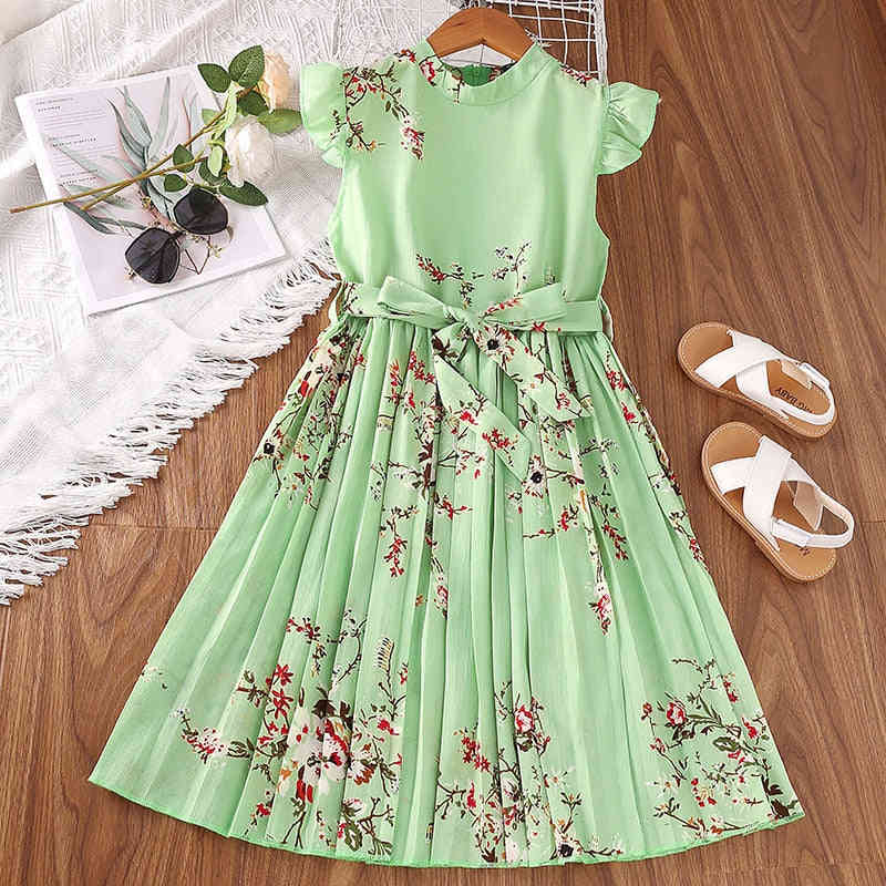 Kids Floral Print Dress for Girls - 2023 Summer Sleeveless A-line Dress with Belt
