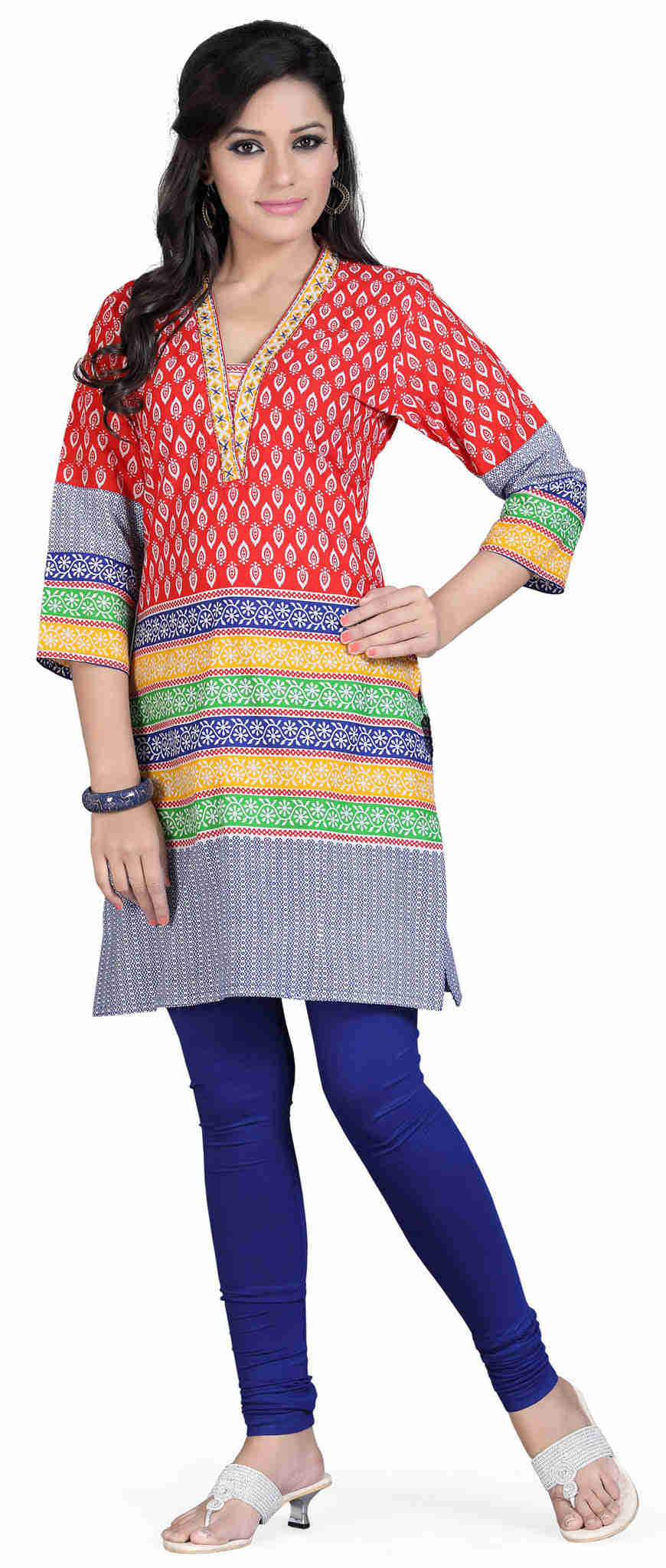 Embroidered Cotton Kurti Top Long Tunic for Women - Red