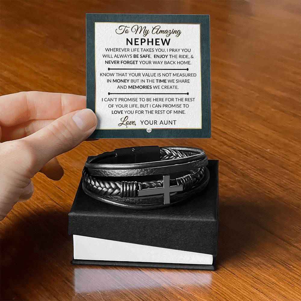 Mens Braided Leather Bracelet with Cross - Thoughtful Gift for Nephew from Aunt