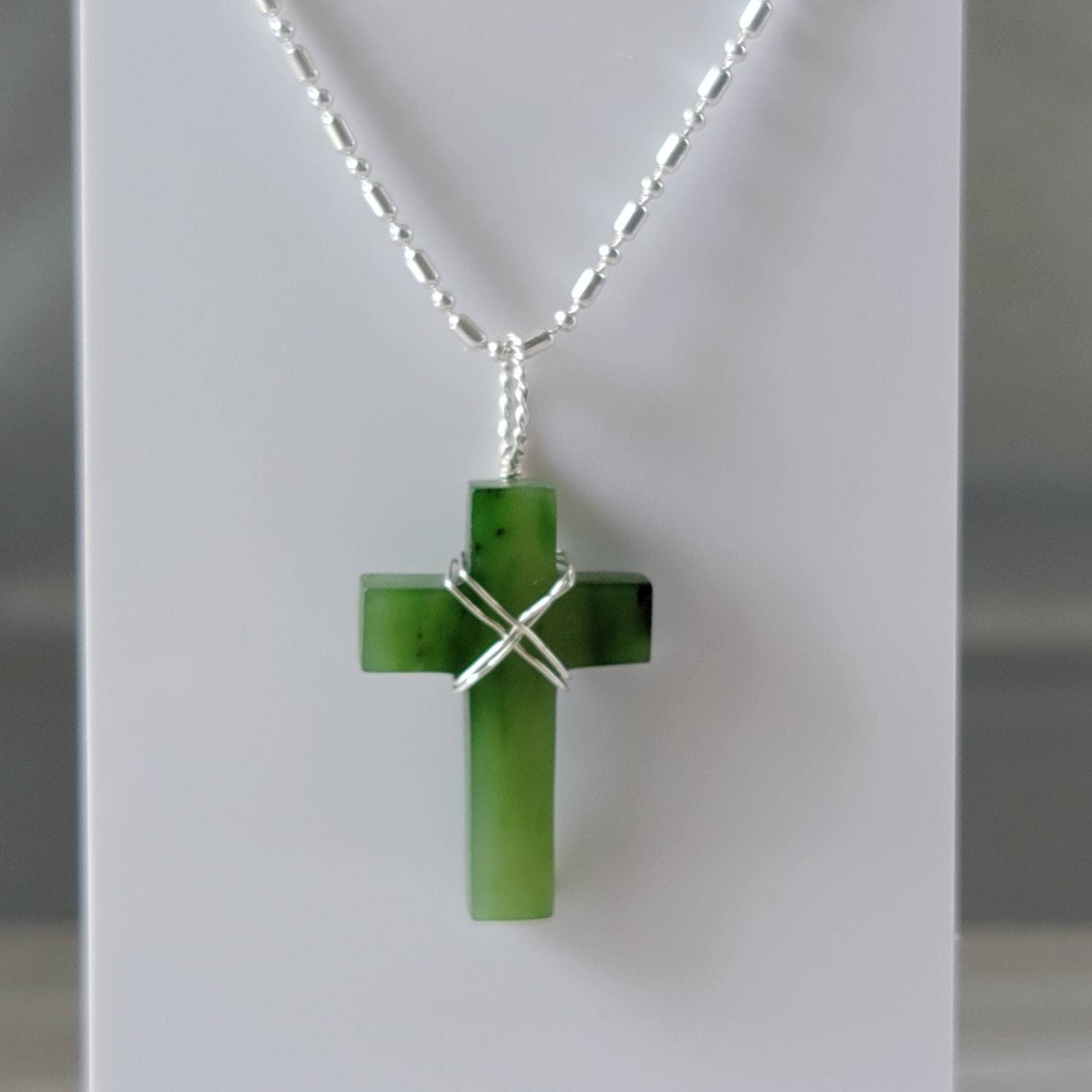Genuine Nephrite Jade Cross Pendant Necklace with Sterling Silver Bail