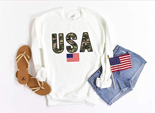 Up2ournecksinfabric USA Sweatshirt - Patriotic Red White and Blue America Top for Women