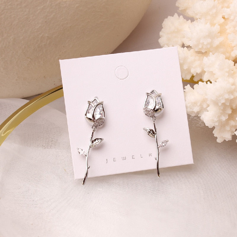 Korean Design Creative Copper Inlaid Zircon Tulip Flower Dangle Earrings for Women