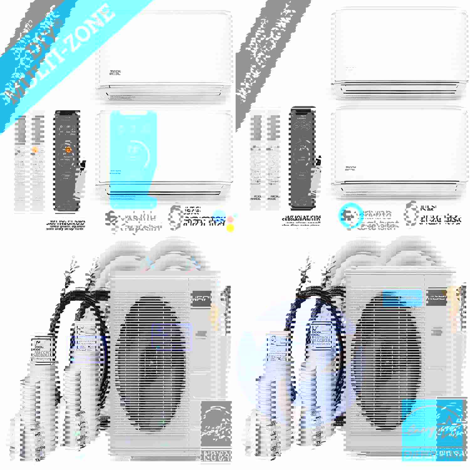 MRCOOL DIY 4th Gen 36K BTU 2-Zone Condenser with 12K+18K Handlers and Linesets Bundle
