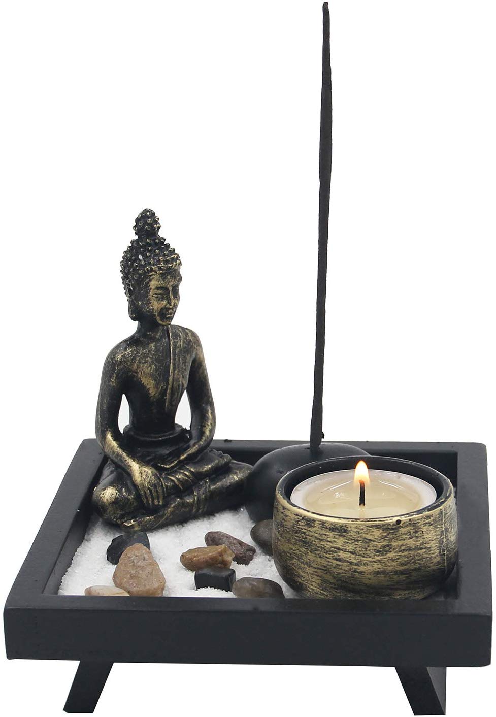 Mini Zen Garden Buddha Statue Candle and Incense Holder Complete Set