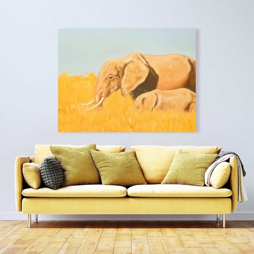 Elephant And Its Little One - Fine Art Gallery Wrapped Canvas 16x48