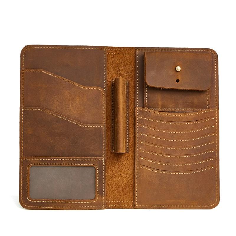 Vintage Bifold Leather Long Wallet for Men with Passport Slot