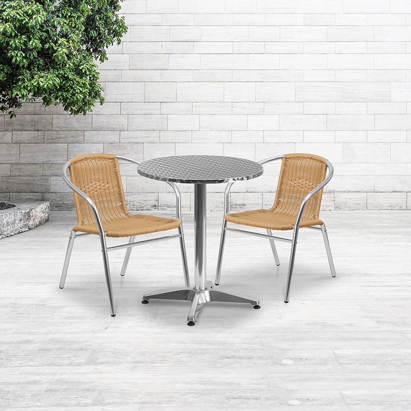 Flash Furniture 23.5" Round Aluminum Indoor-Outdoor Table Set with 2 Beige Rattan Chairs