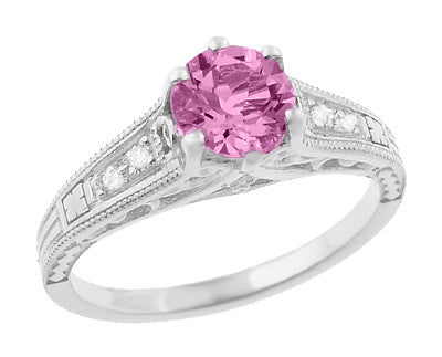 Art Deco Filigree Pink Sapphire and Diamond Vintage Style Engagement Ring in 14K White Gold
