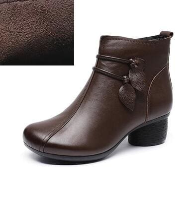 Handmade Genuine Leather Flowers Zipper Thick Heel Retro Boots