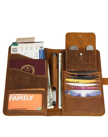 Vintage Bifold Leather Long Wallet for Men with Passport Slot