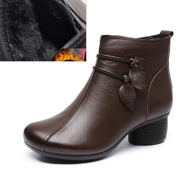Handmade Genuine Leather Flowers Zipper Thick Heel Retro Boots