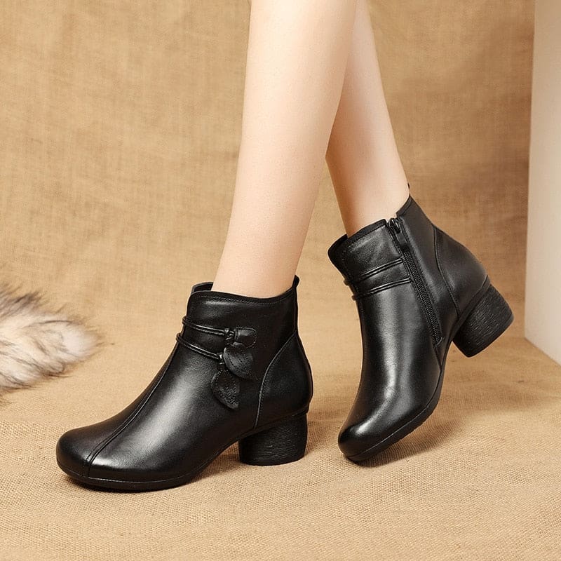 Handmade Genuine Leather Flowers Zipper Thick Heel Retro Boots