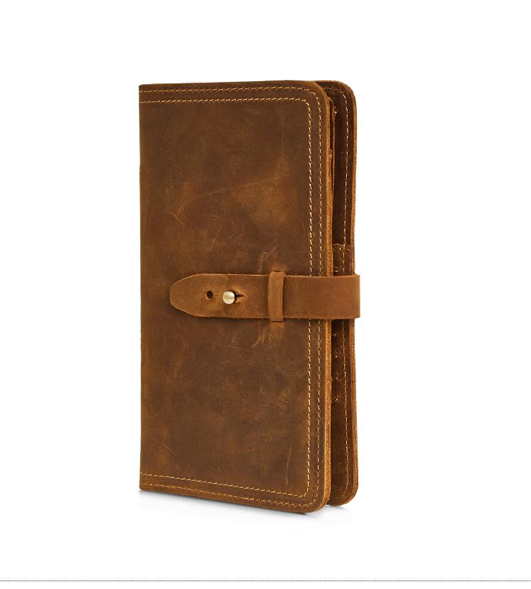 Vintage Bifold Leather Long Wallet for Men with Passport Slot