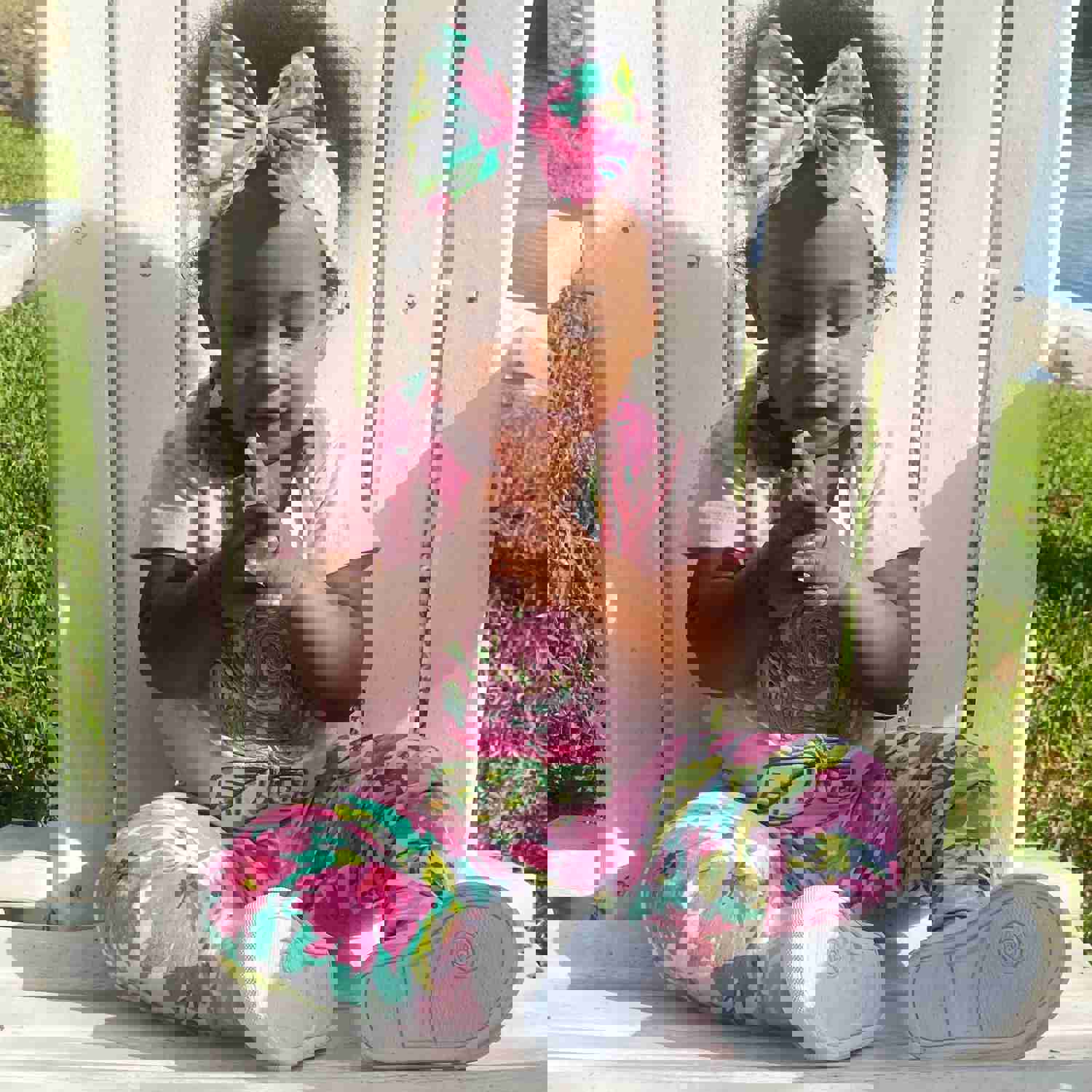 AnnLoren Baby Girls Pink Floral Onesie Pants Headband 3pc Gift Set