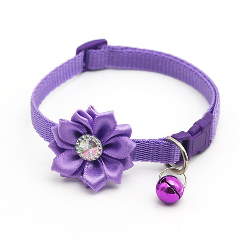 Cute Flower Pet Collar with Bell and Diamond Design - Adjustable Dog and Cat Neck Strap - Safety Buckle Necklace