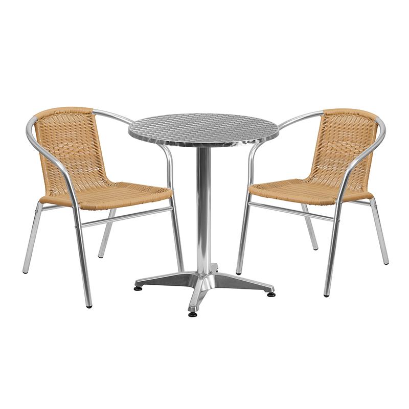 Flash Furniture 23.5" Round Aluminum Indoor-Outdoor Table Set with 2 Beige Rattan Chairs