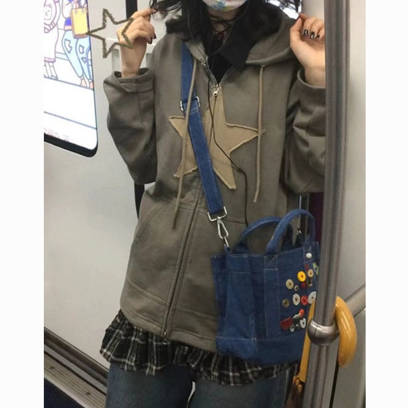 Trizchlor Zip Up Hoodie Star Sweatshirt for Women - Casual Long Sleeve Loose Fit Harajuku Punk Highstreet Y2K Style