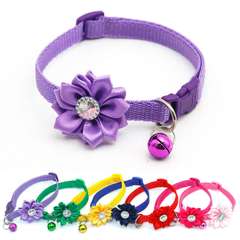 Cute Flower Pet Collar with Bell and Diamond Design - Adjustable Dog and Cat Neck Strap - Safety Buckle Necklace