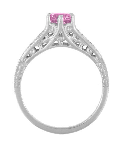 Art Deco Filigree Pink Sapphire and Diamond Vintage Style Engagement Ring in 14K White Gold