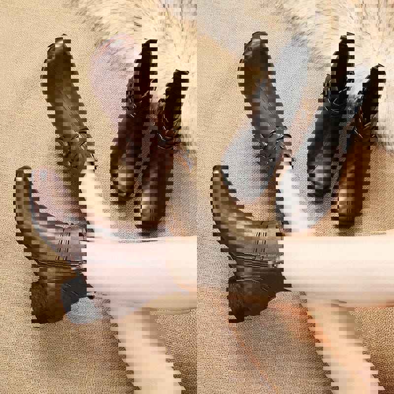 Handmade Genuine Leather Flowers Zipper Thick Heel Retro Boots