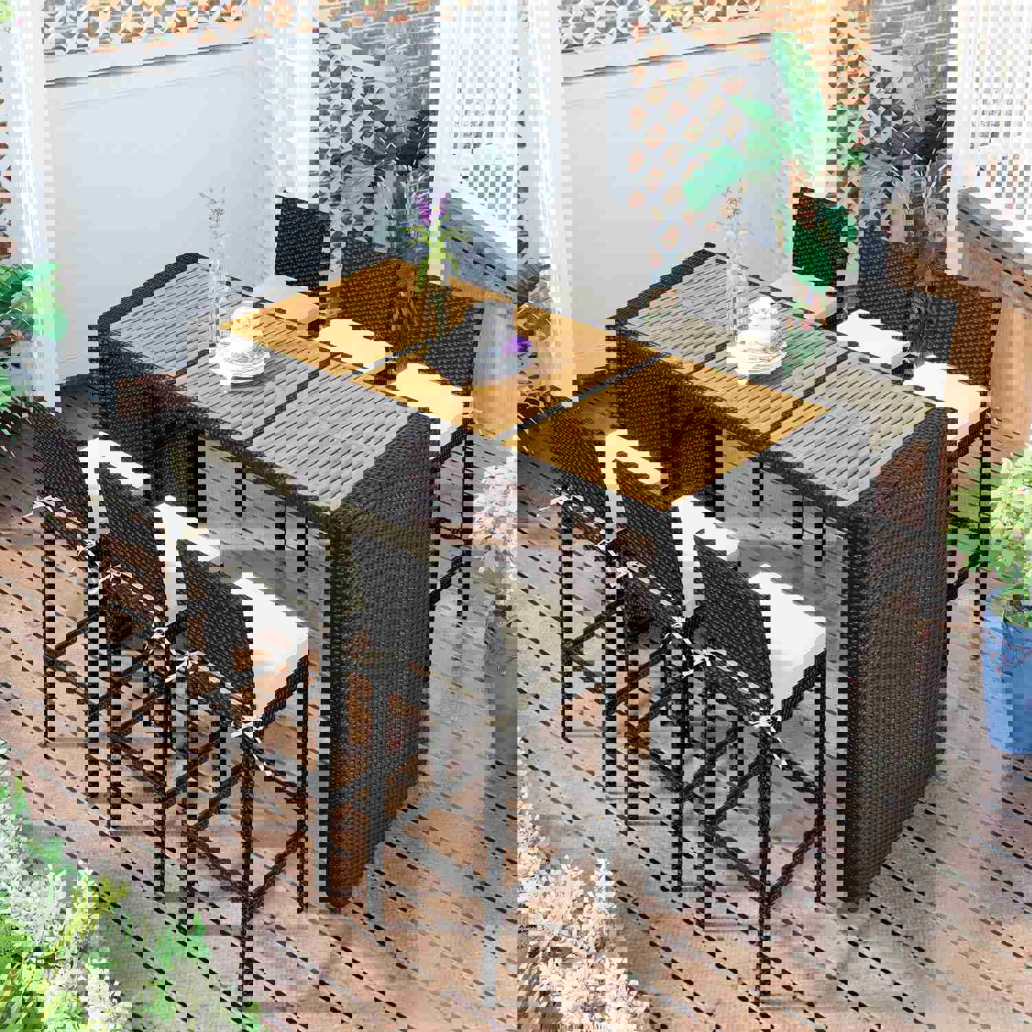 TOPMAX Outdoor Patio 7-Piece Rattan Dining Table Set with Wood Tabletop and 6 Chairs