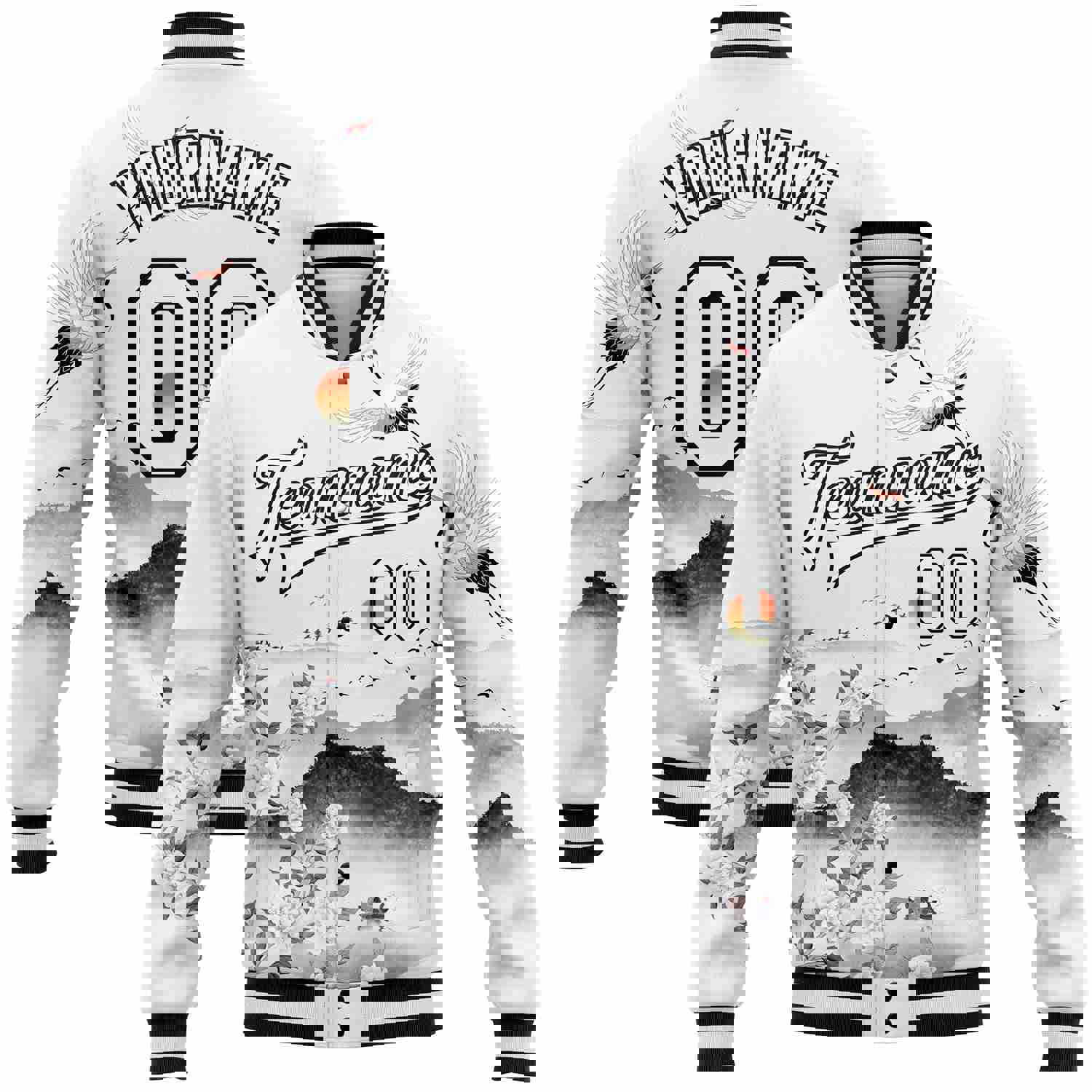 Custom White Black Heron And Flower 3D Pattern Design Bomber Full-Snap Varsity Letterman Jacket