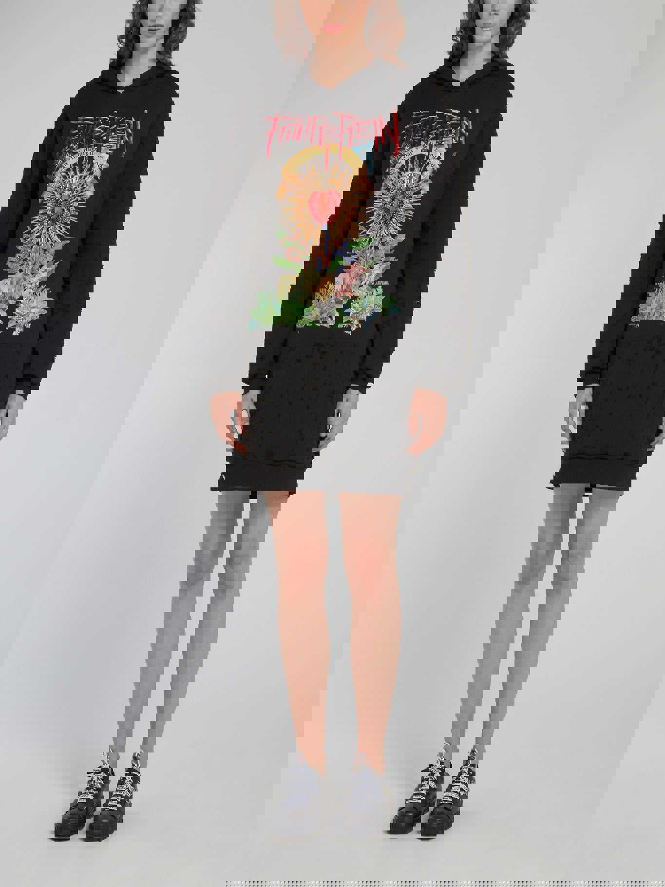 Black Embellished Logo Hoodie Dress