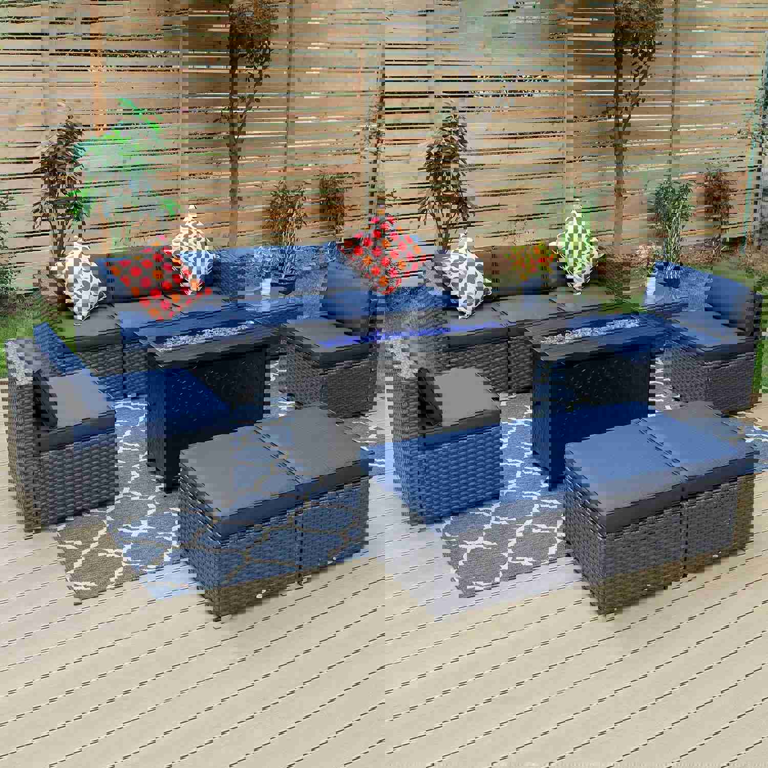 Phi Villa 9-Seater Outdoor Rattan & Wood Sectional Sofa Conversation Set With Fire Pit Table