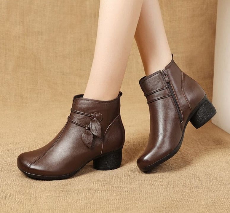 Handmade Genuine Leather Flowers Zipper Thick Heel Retro Boots