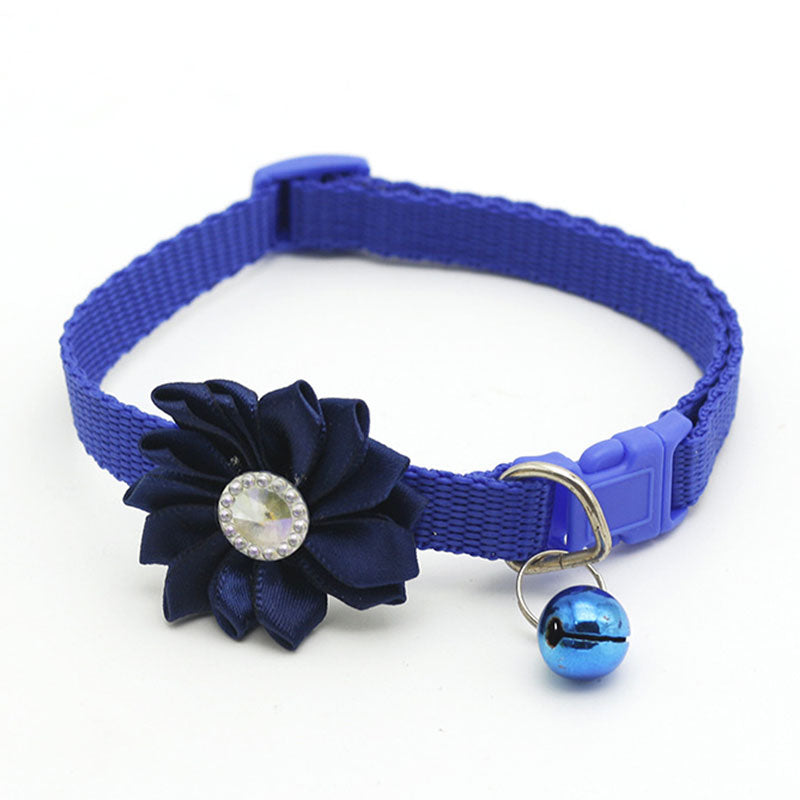 Cute Flower Pet Collar with Bell and Diamond Design - Adjustable Dog and Cat Neck Strap - Safety Buckle Necklace