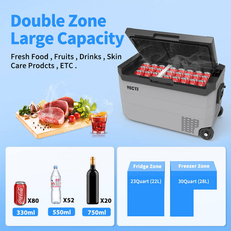VECYS CR50 Dual Zone Portable Car Refrigerator, 50L Capacity for RV, Truck, Boat, and Outdoor Use