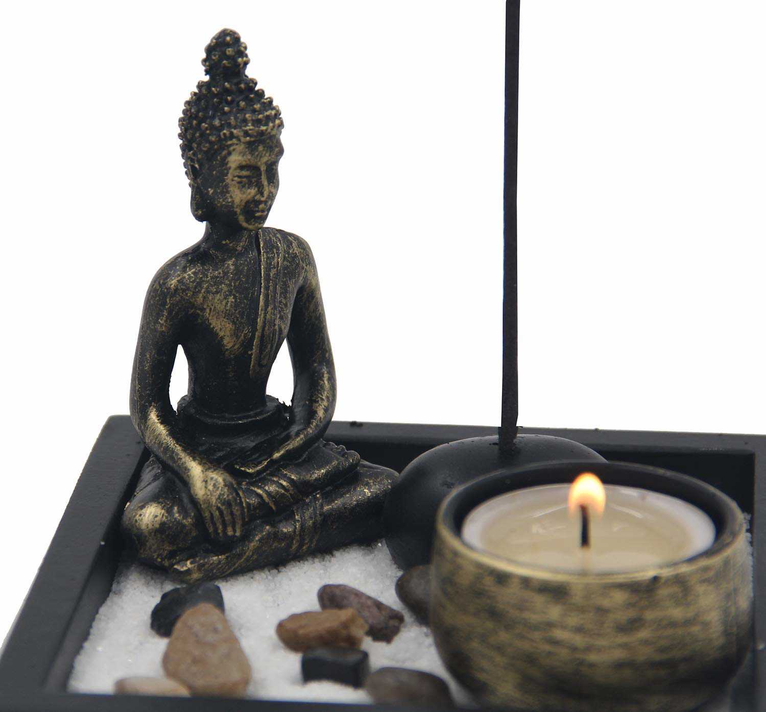 Mini Zen Garden Buddha Statue Candle and Incense Holder Complete Set