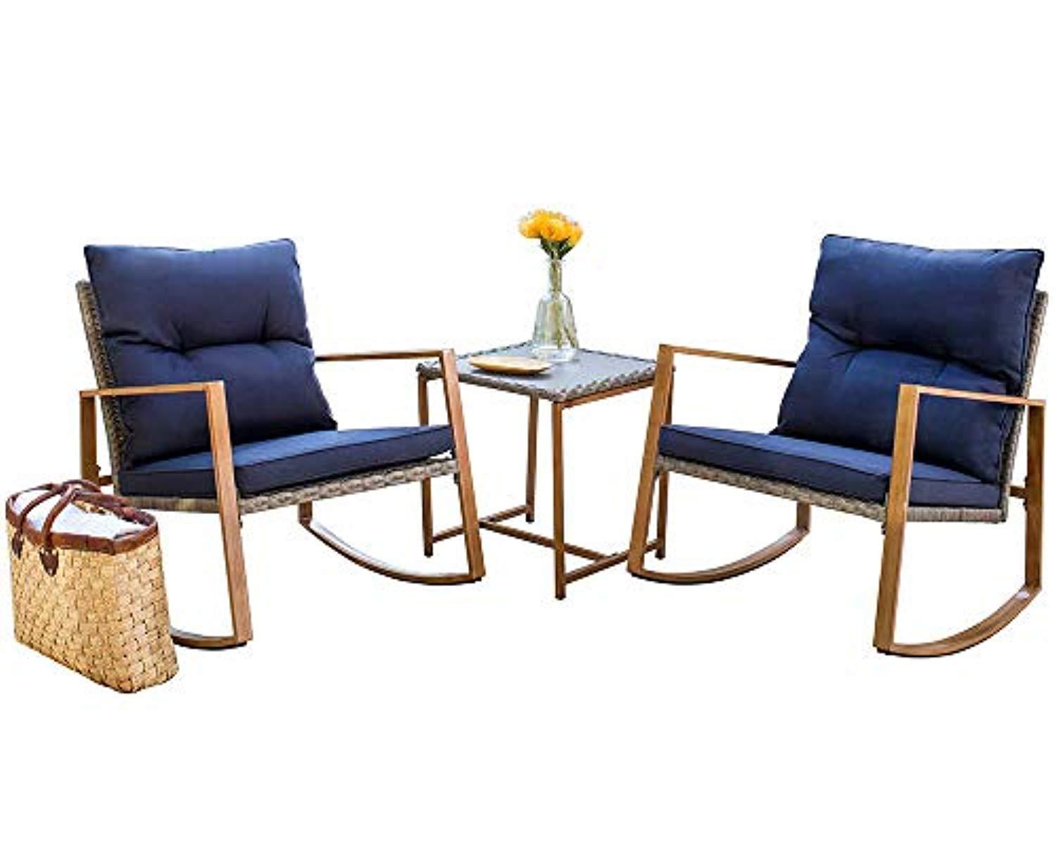 SUNCROWN Outdoor Rocking Chair Set 3-Piece Patio Bistro Set with Grey Wicker and Wood-Grain Arm Rest