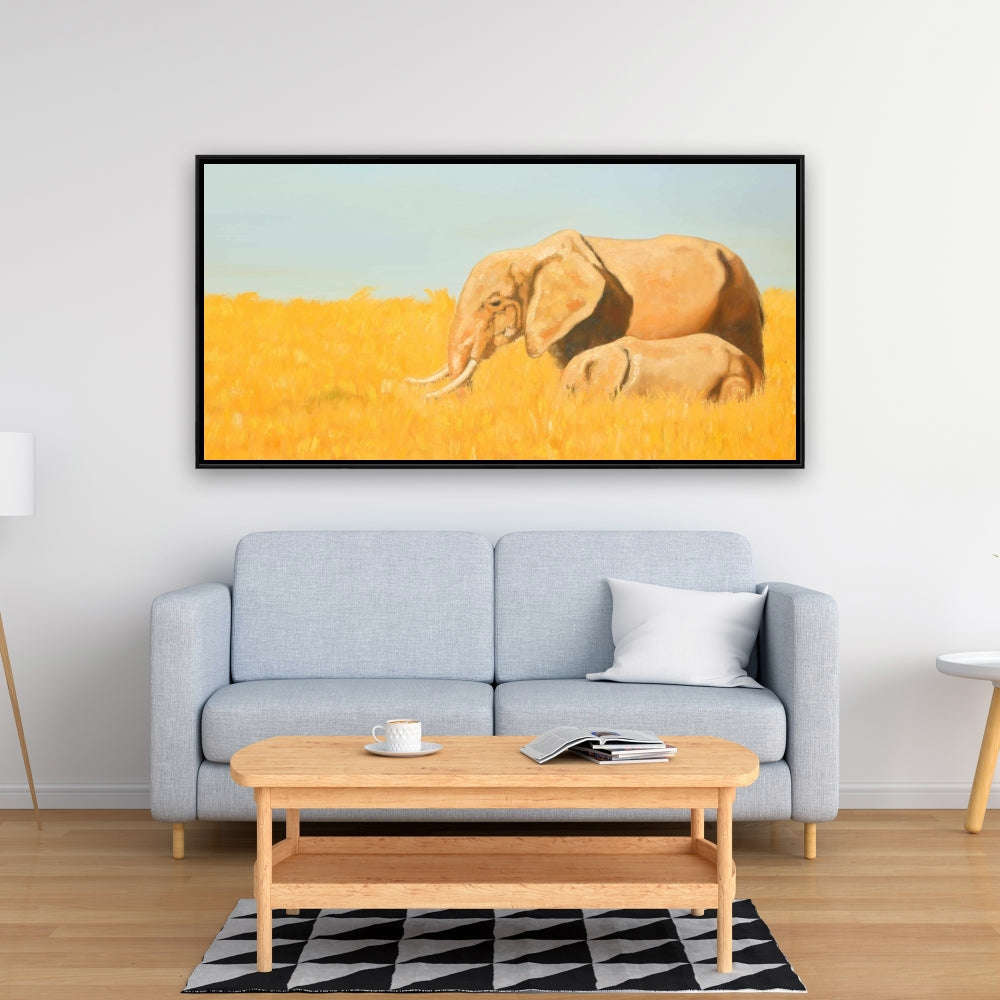 Elephant And Its Little One - Fine Art Gallery Wrapped Canvas 16x48