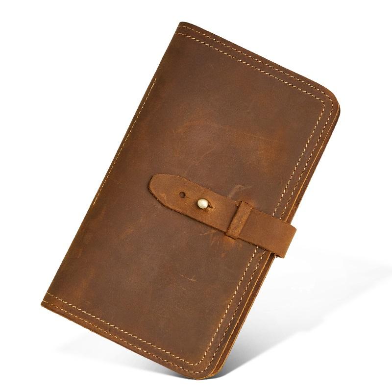 Vintage Bifold Leather Long Wallet for Men with Passport Slot