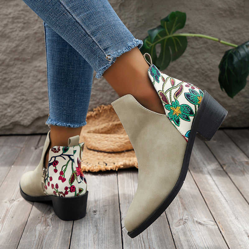 Flowers Printed Ankle Boots with Side Zipper for Women - Fashion Square Toe Boots for Autumn Winter