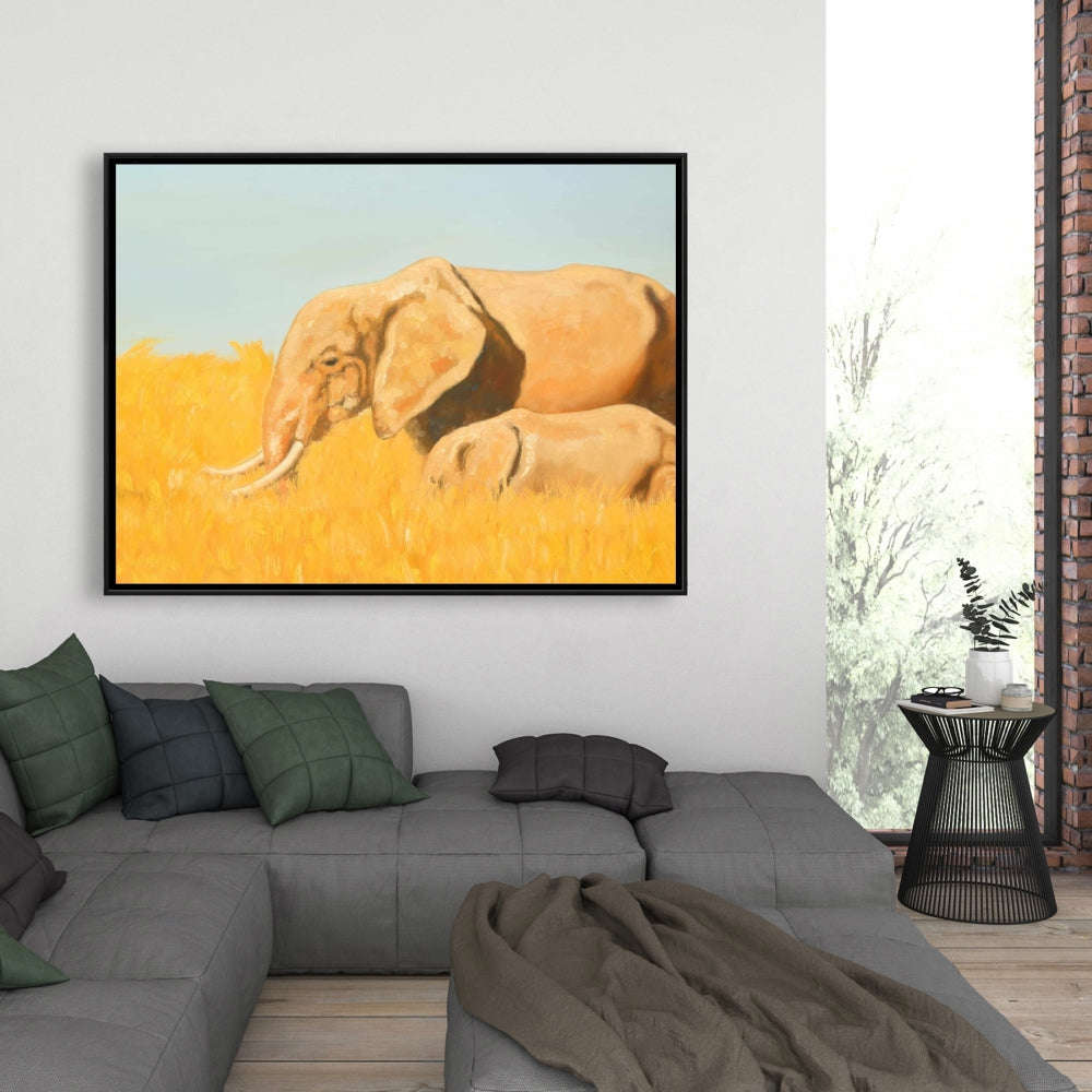 Elephant And Its Little One - Fine Art Gallery Wrapped Canvas 16x48