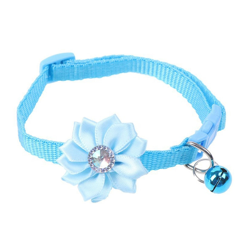 Cute Flower Pet Collar with Bell and Diamond Design - Adjustable Dog and Cat Neck Strap - Safety Buckle Necklace