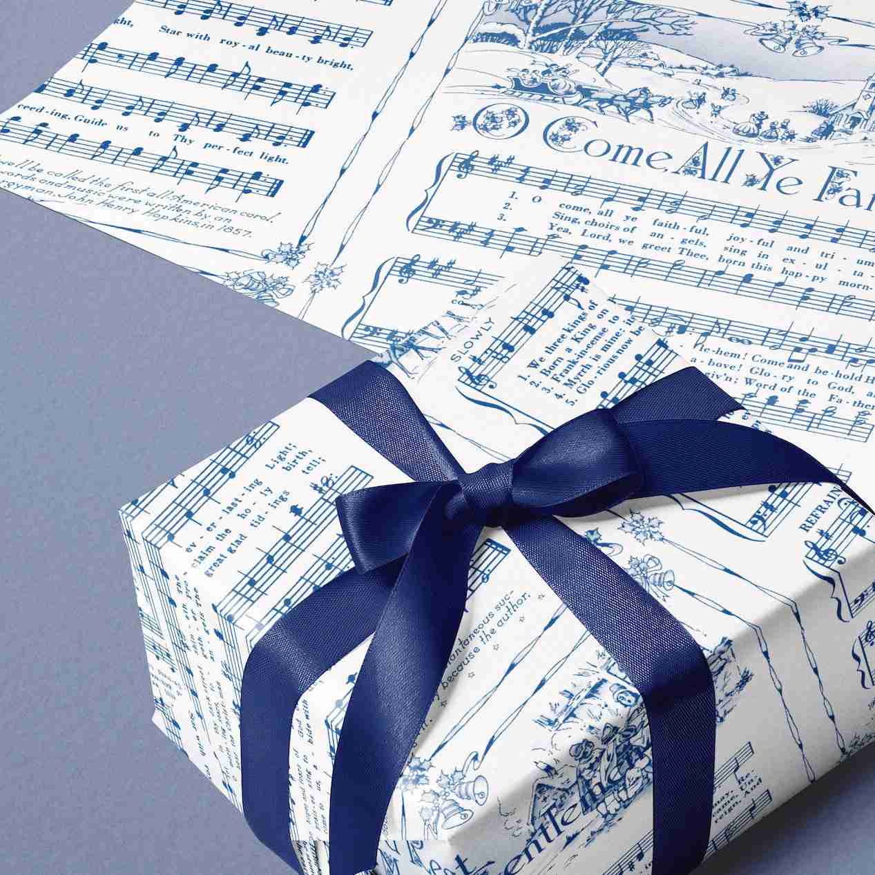 Christmas Carol Festive Wrapping Paper Rolls | Blue Vintage Holiday Music Sheets Gift Wraps