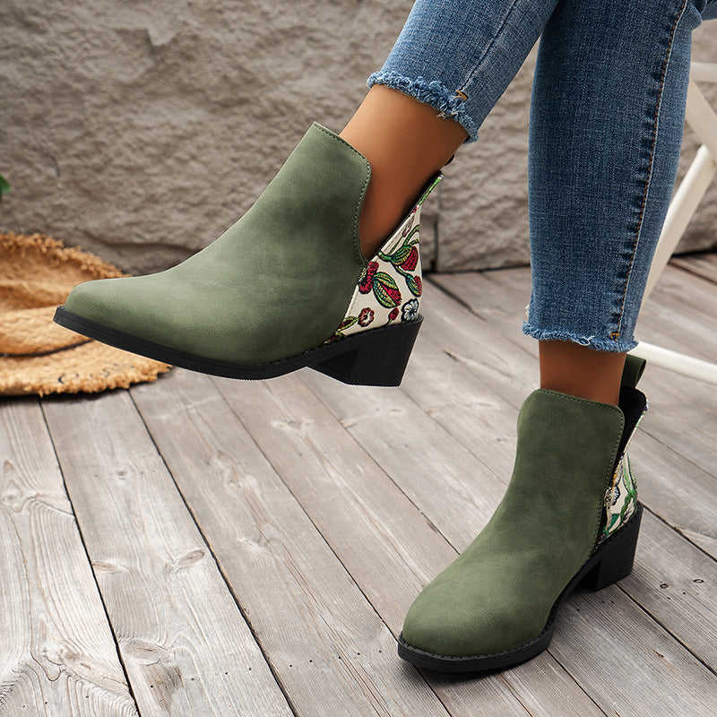 Flowers Printed Ankle Boots with Side Zipper for Women - Fashion Square Toe Boots for Autumn Winter