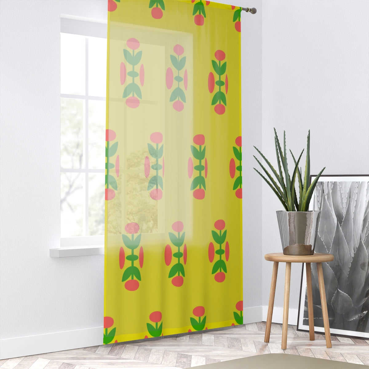 ORNAMENTAL RED FLORAL & YELLOW - SHEER Window Curtain