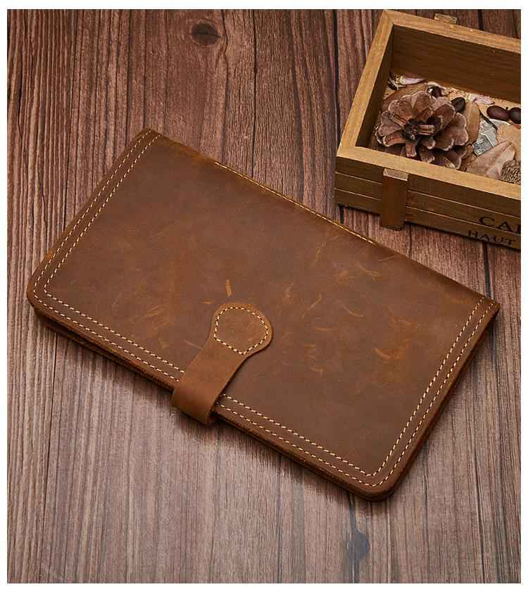 Vintage Bifold Leather Long Wallet for Men with Passport Slot